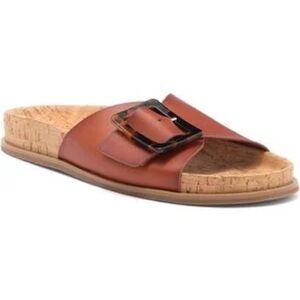 NWT Women's Cognac Leather Slide Sandal with Decorative Buckle